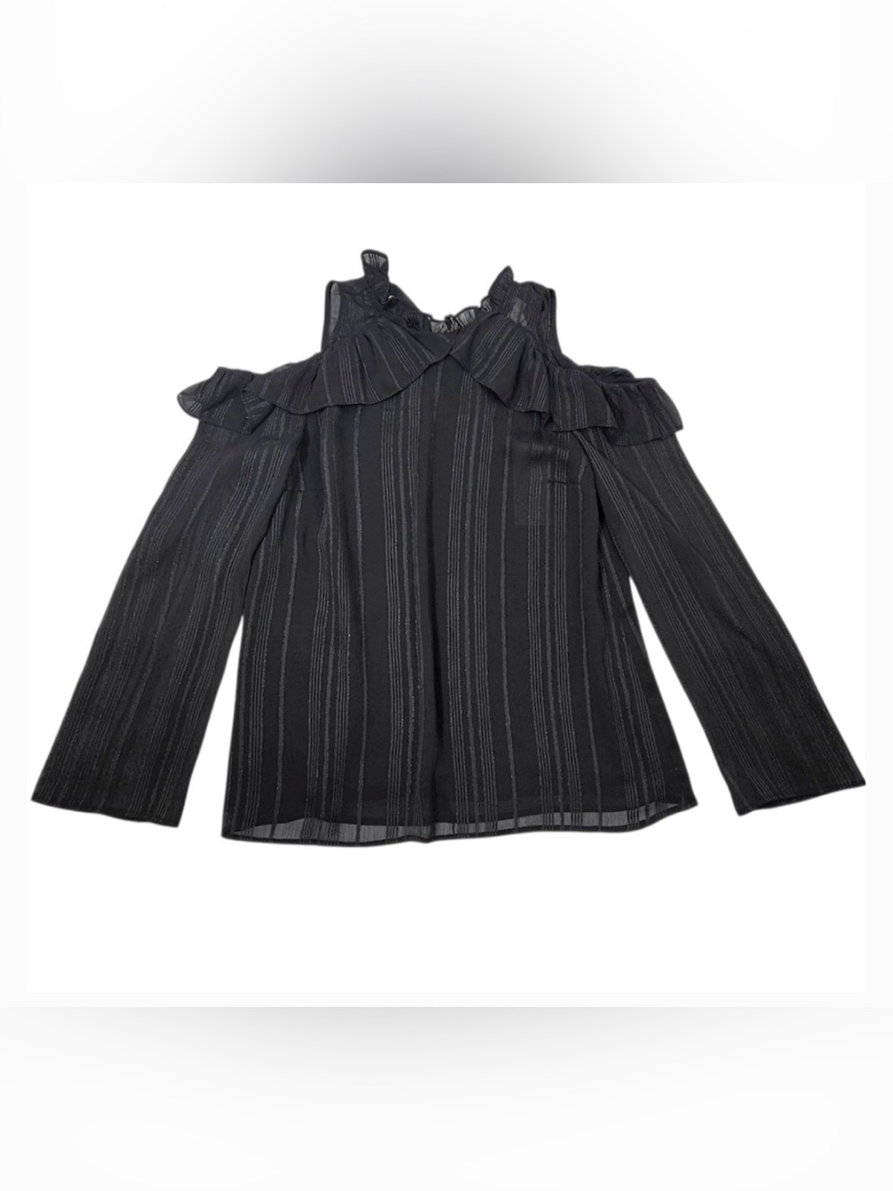 Wayf Black Cold-Shoulder Ruffle Stripe Blouse